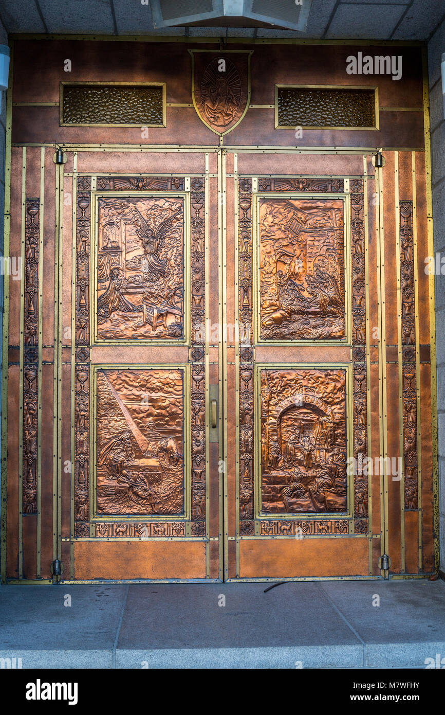 Basilica of St. Anne de Beaupre, Quebec, Canada.  Copper Doors Created by Albert Gilles. Stock Photo