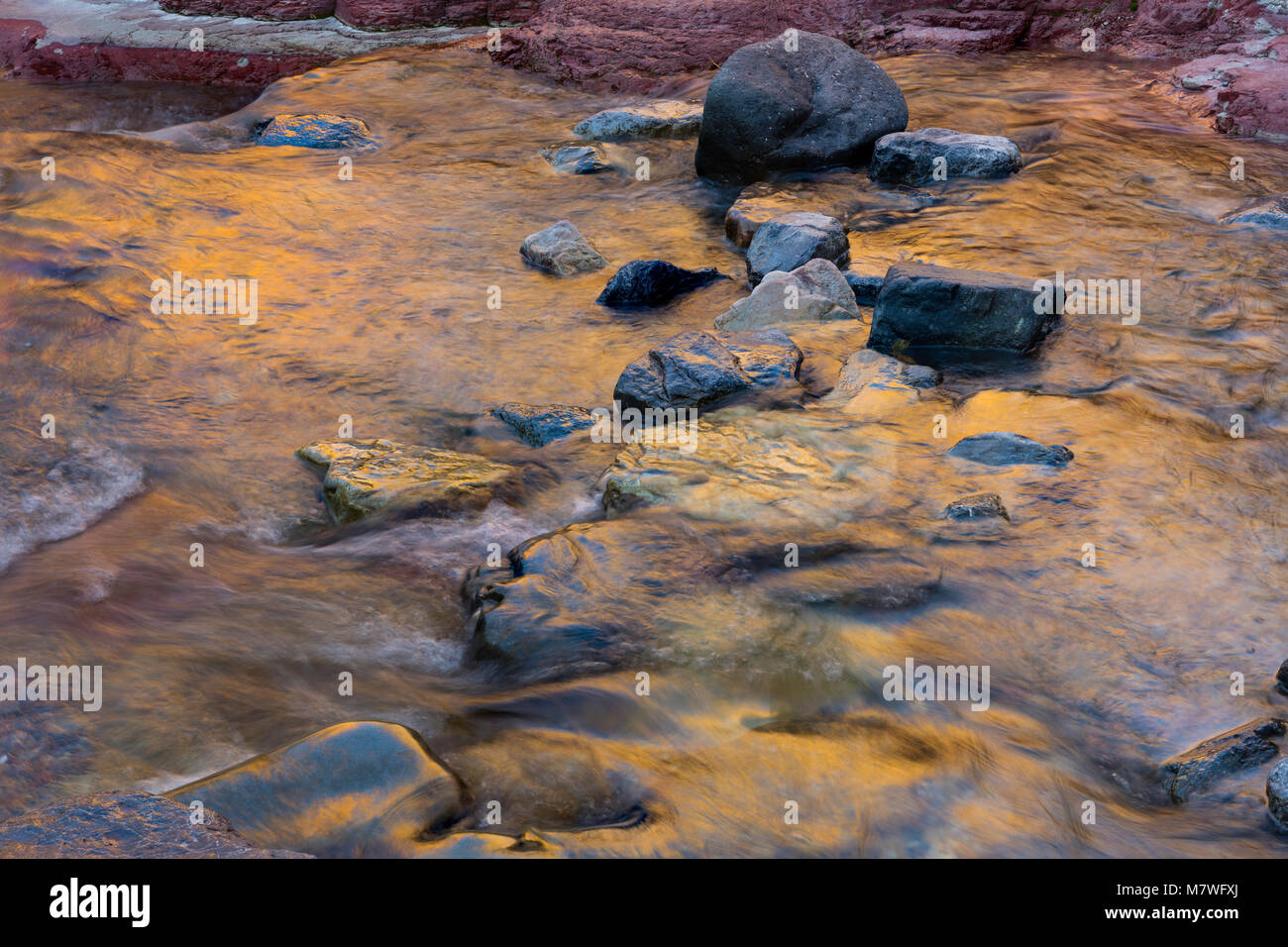 Red Rock Canyon reflecting the autumn leaves, Waterton Lakes National Park, Alberta, Canada Stock Photo