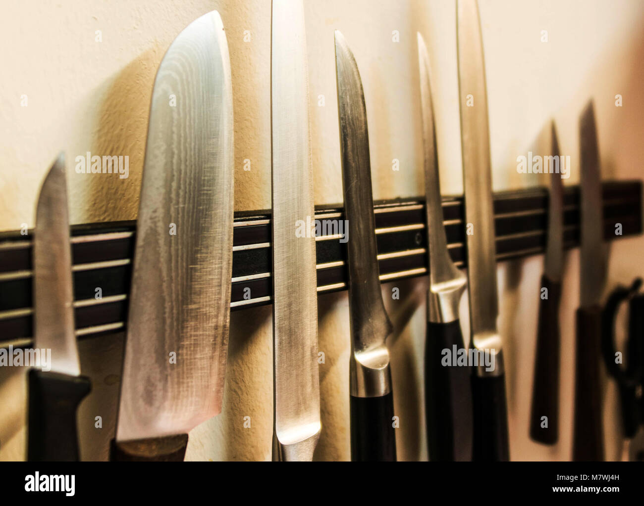 A set of high quality kitchen cook knives tools on a board