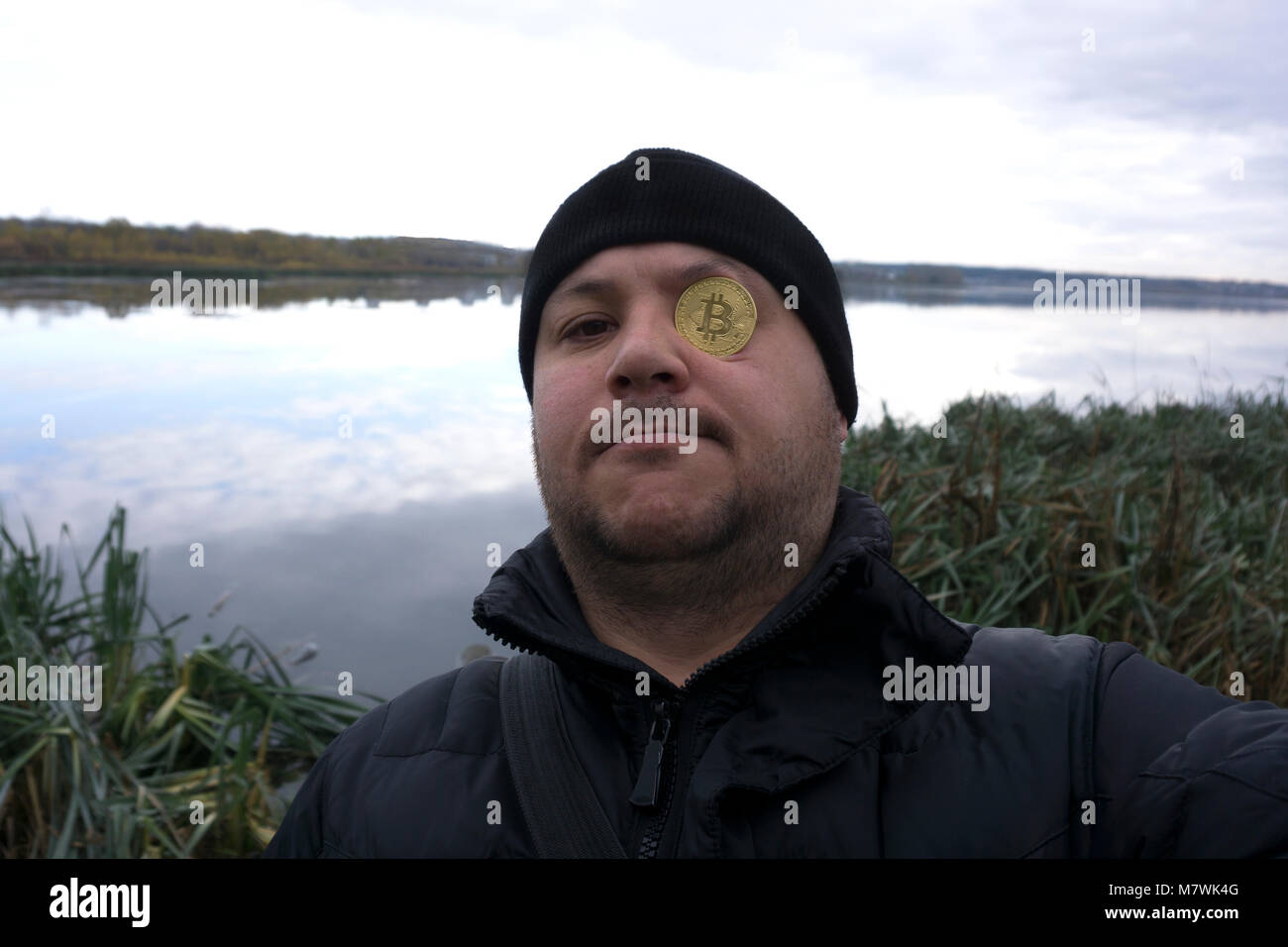 man with bitcoin (new virtual money ) Stock Photo