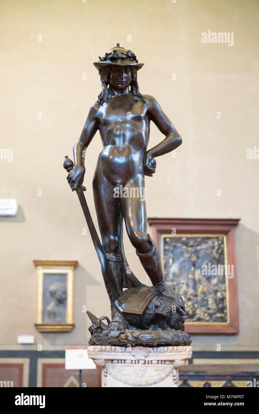 Florence. Italy. Bronze statue of David (ca.1430-1440) by Donatello, Museo Nazionale del Bargello. (Bargello National Museum) Stock Photo