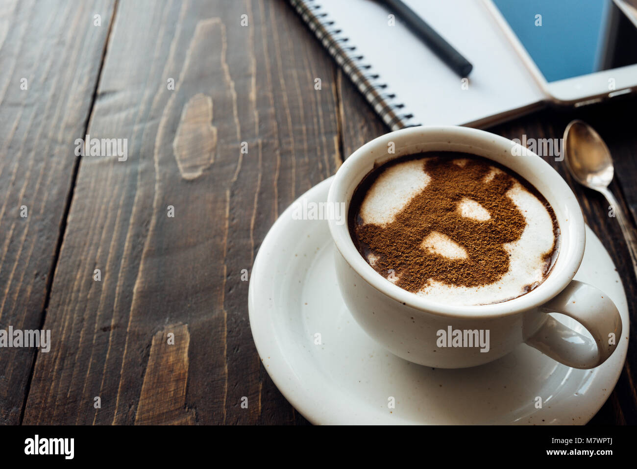 Cup of coffee with bitcoin symbol on milk foam on workplace Stock Photo -  Alamy