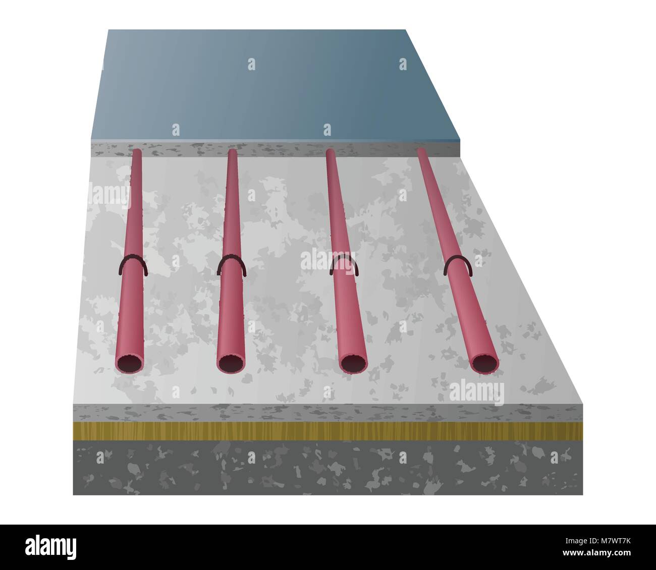 Vector 3D diagram warmfloor. Warm floor in layers: concrete, cement, screed, pipe, coating. Heating system. Stock Vector