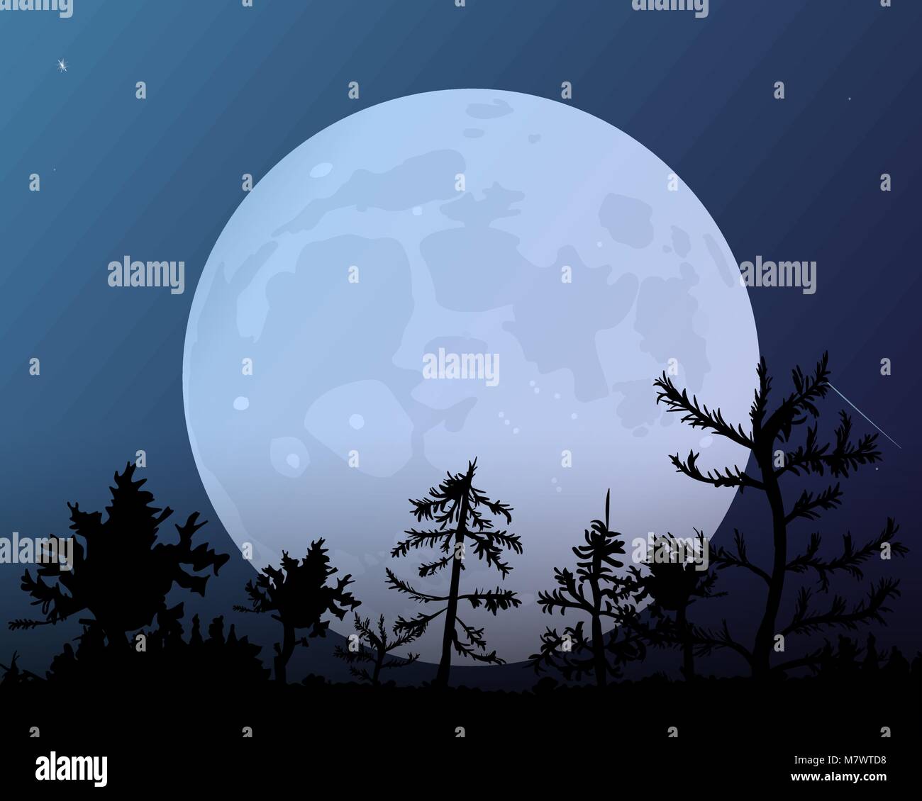 The Forest On The Background Of The Huge Moon Dark Blue Night Sky