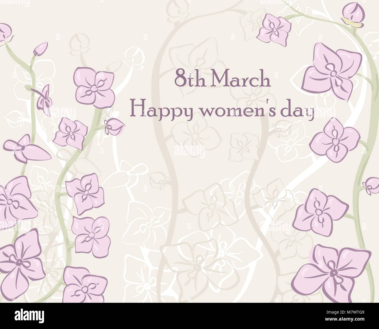 Card International Women's Day in gentle tones. 8 March postcard vector template. Design greeting with beautiful orchids Stock Vector