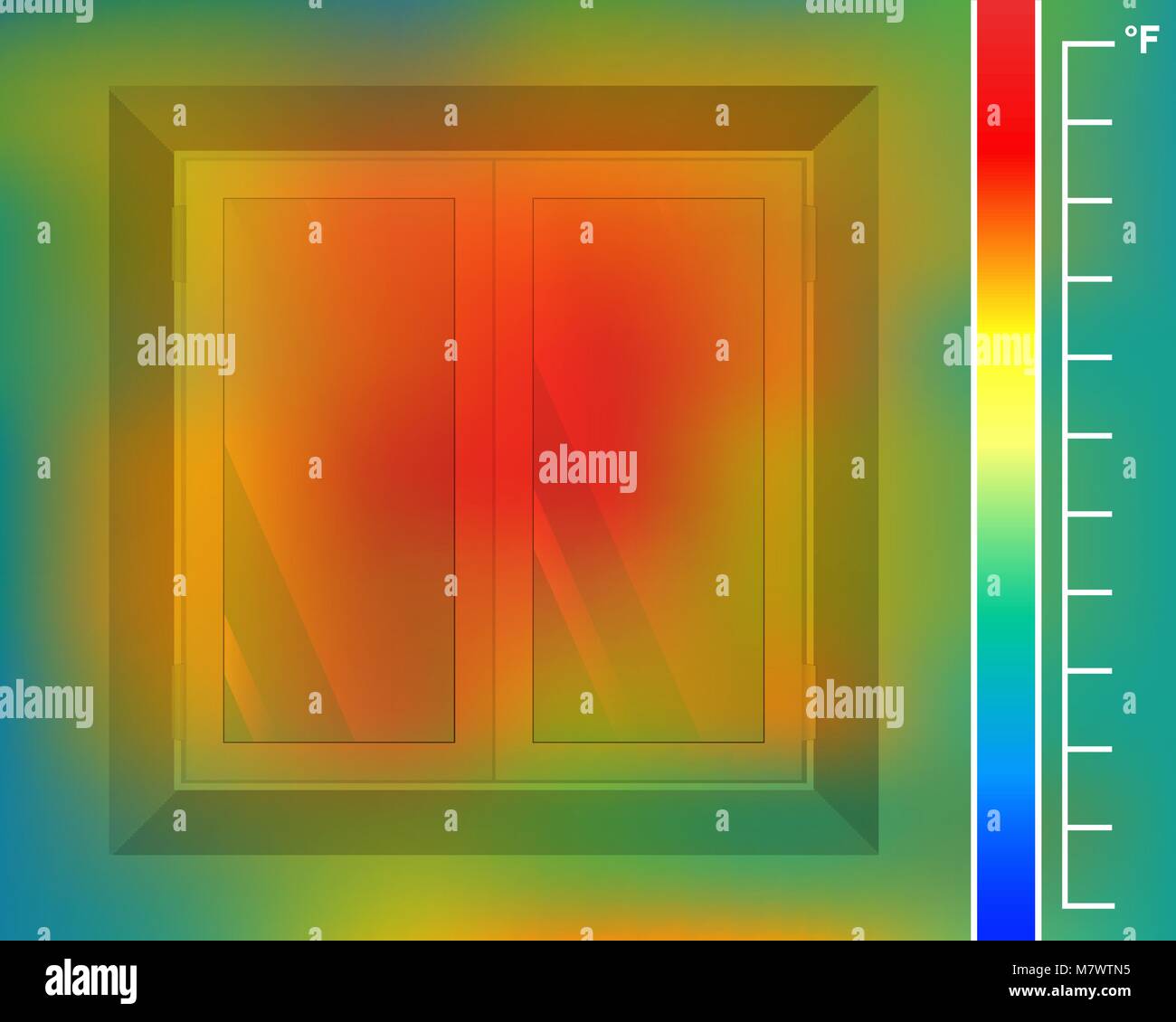 Window on the wall from the front vector illustration. house facade for a thermal imager. Colored thermographic image of the scan camera. The temperat Stock Vector