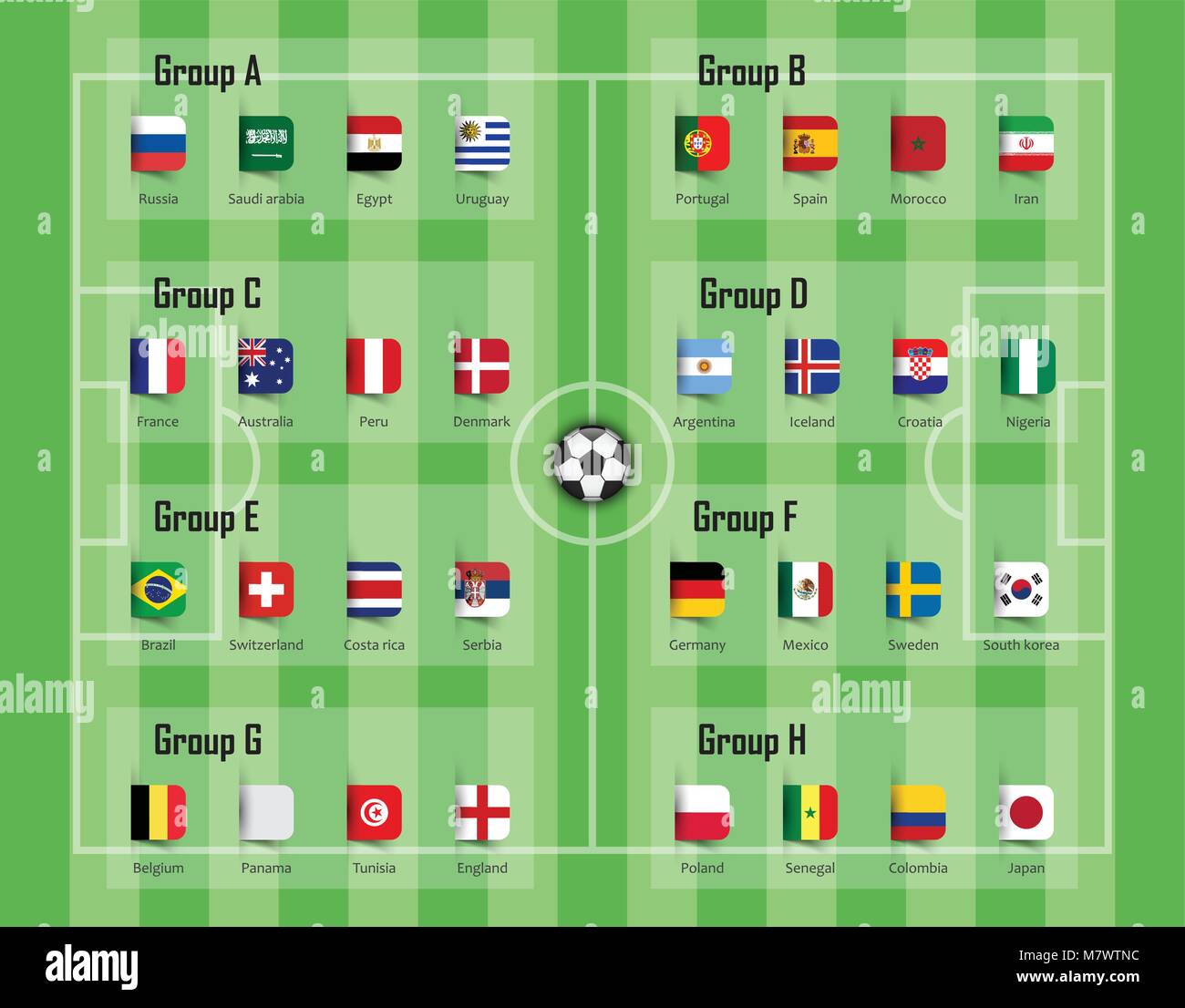 Soccer cup 2018 team group and national flags . Vector for international world championship tournament . Stock Vector
