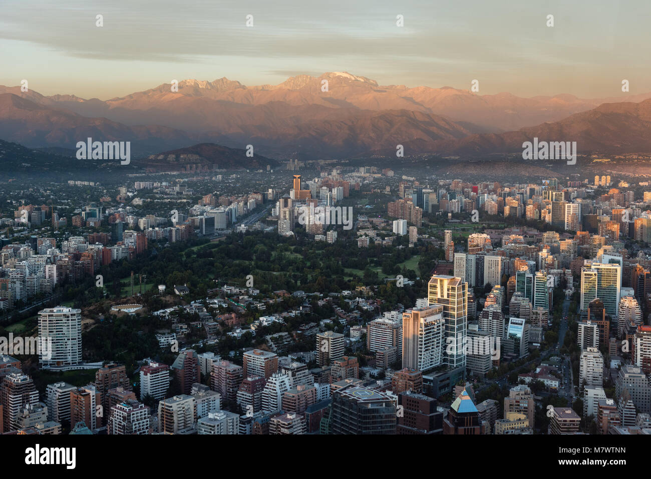 Panoramic View over east Santiago towards the Andes. From Sky Costanera. Stock Photo