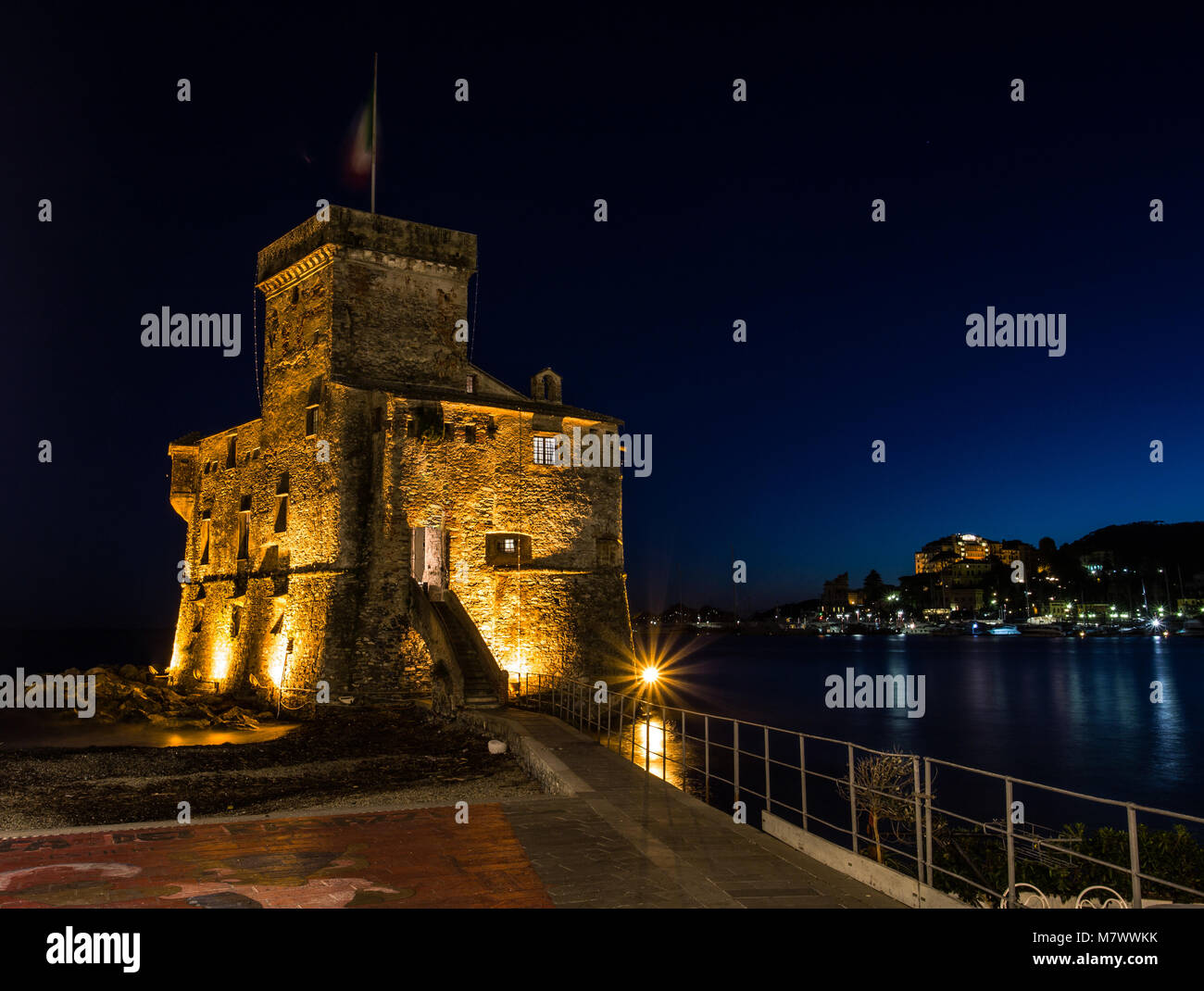 Genoa Castle The ancient castle on the sea by night, Rapallo, Genoa (Genova), Italy ...
