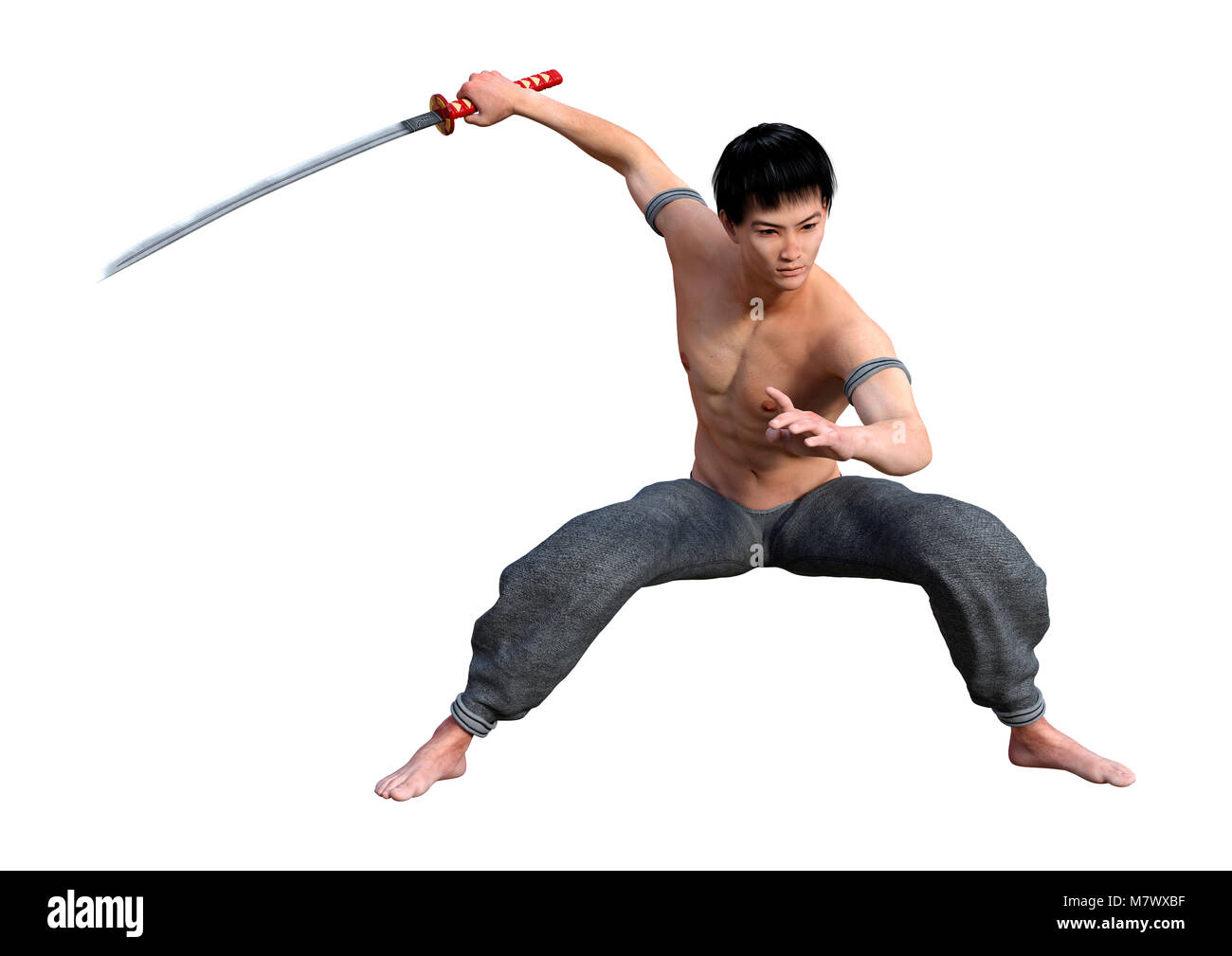 3D rendering of a fighting monk holding a sword isolated on white ...