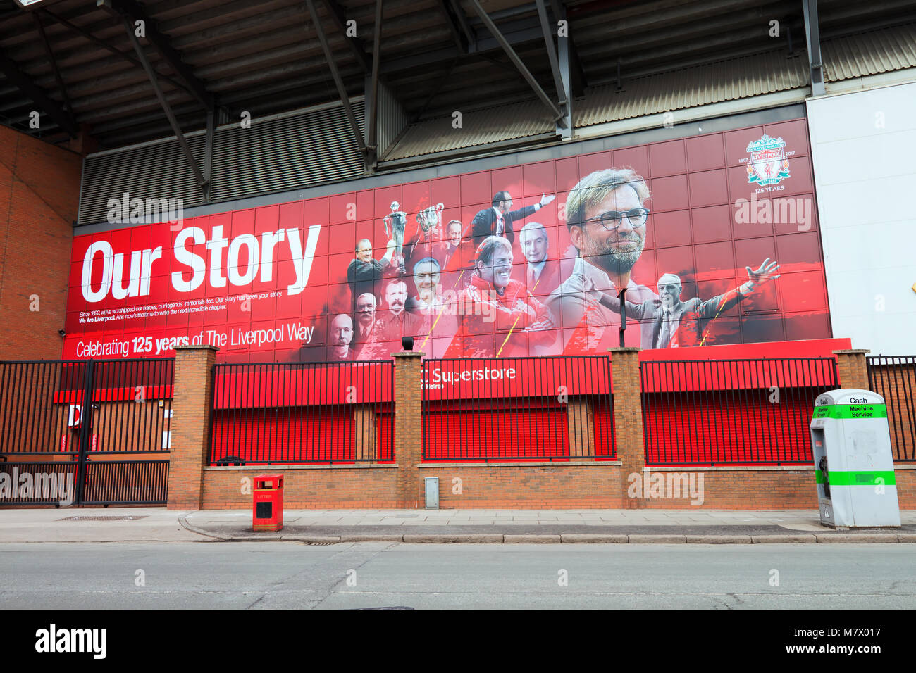 Huge mural at the Kop end of the stadium at Anfield, home of Liverpool Football Club for the 2017/2018 season. Stock Photo