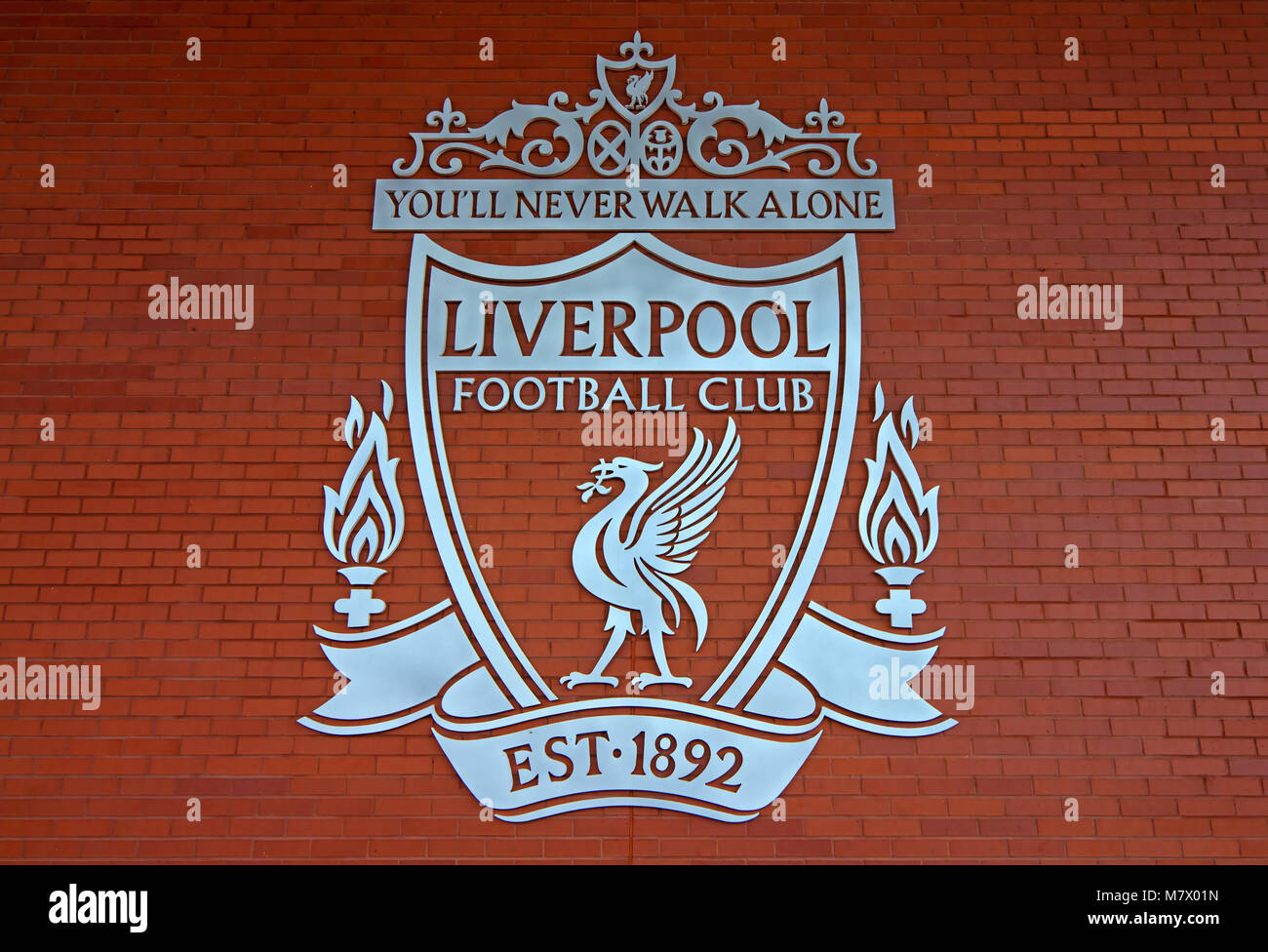 Liverpool Football Clubs crest on the wall of the new superstore at Anfield. Stock Photo