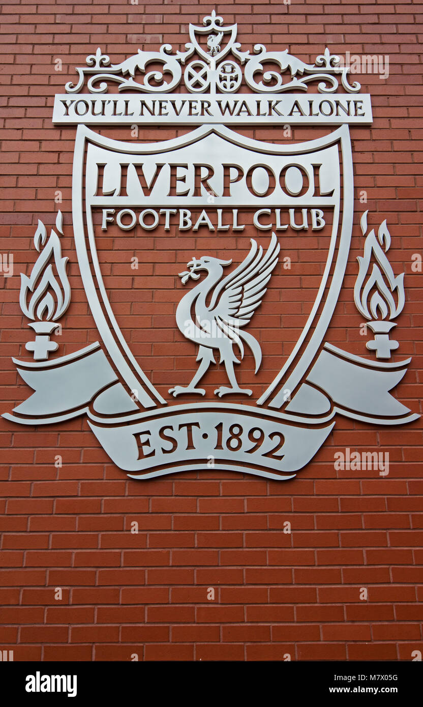 Liverpool Football Clubs crest on the wall of the new superstore at Anfield. Stock Photo