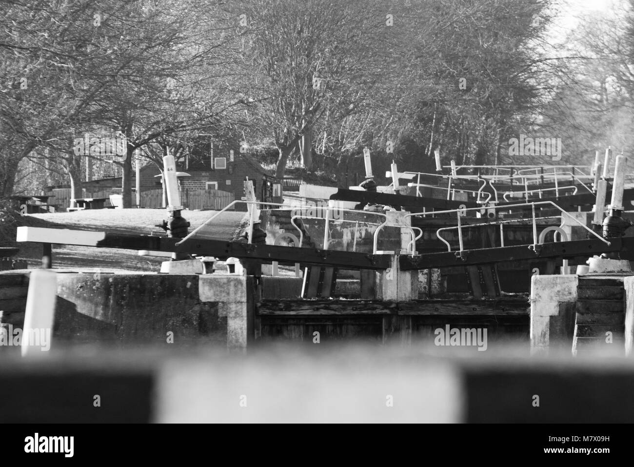 Long flight of locks in Warwickshire at Hatton on the Stratford to Birmingham canal Stock Photo