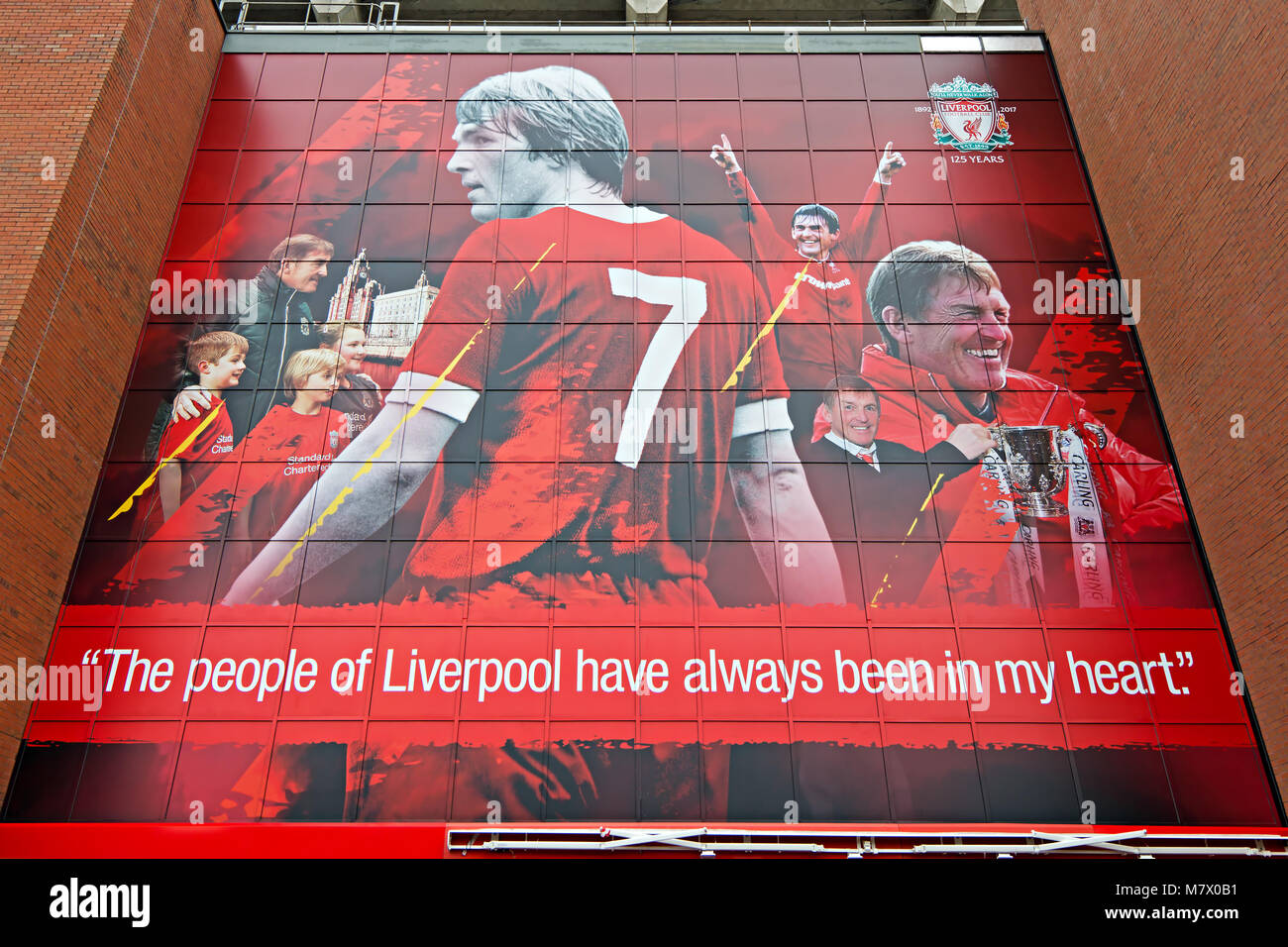 Huge mural of Kenny Dalglish on the newly named Kenny Dalglish stand at Anfield, home of Liverpool Football Club. Stock Photo