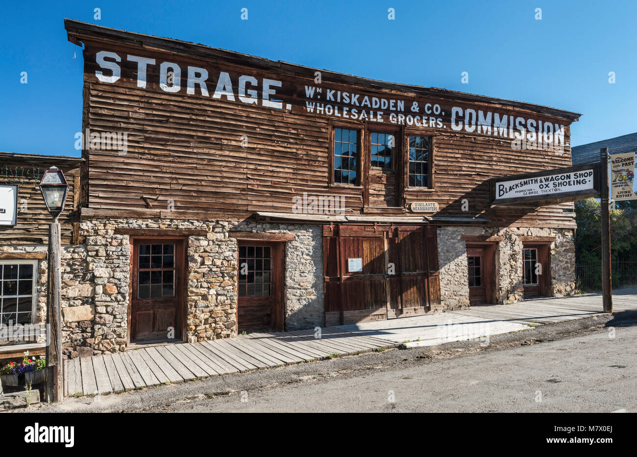 Kiskadden Stone Block (1863), grocer's and storage depot in ghost town of Virginia City, Montana, USA Stock Photo