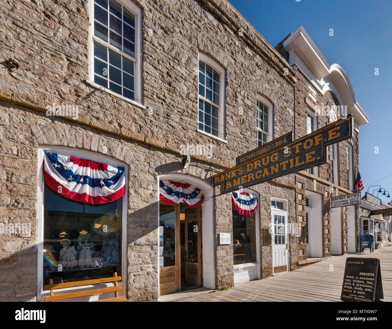 Pfouts and Russell (Rank's Drug store, Old Masonic Temple) in ghost town of Virginia City, Montana, USA Stock Photo