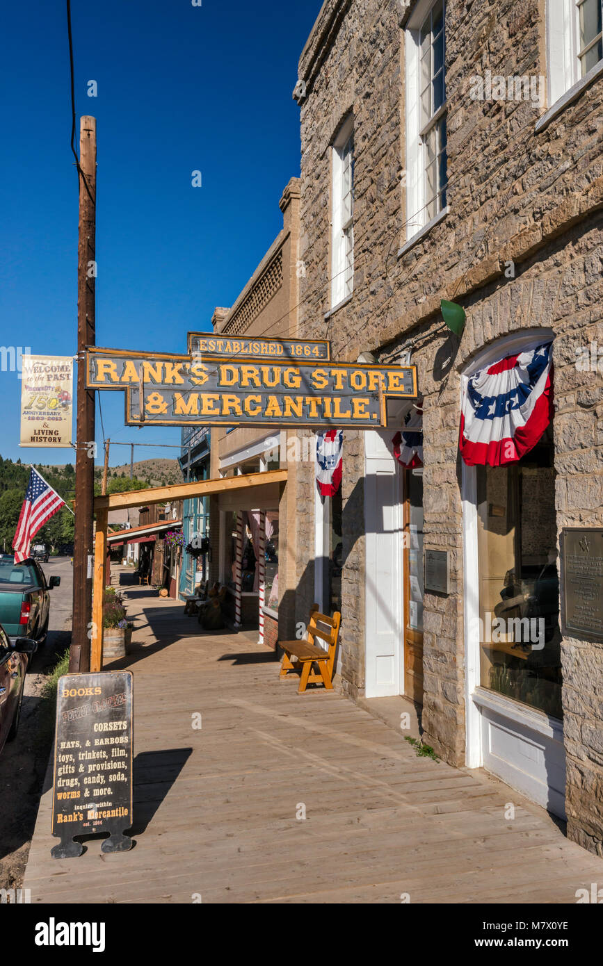 Pfouts and Russell (Rank's Drug store, Old Masonic Temple) in ghost town of Virginia City, Montana, USA Stock Photo