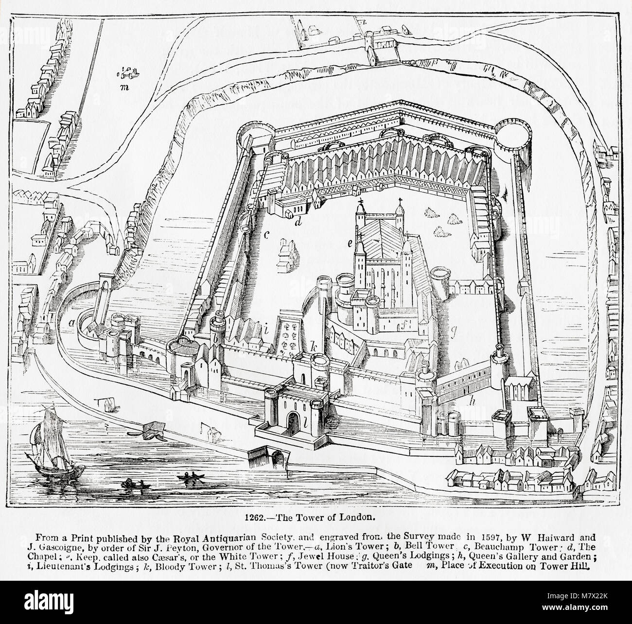 The Tower of London.  From a print published by The Royal Antiquarian Society and engraved from the survey made in 1597, by W. Haiward and J. Gascoigne, by order of Sir J. Peyton, Governor of The Tower - a, Lion's Tower   b, Bell Tower   c, Beauchamp Tower   d, The Chapel   e, Keep called also Caesar's or The White Tower   f, Jewel House   g, Queen's Lodgings,   h, Queen's Gallery and Garden   i, Lieutenant's Lodgings   k, Bloody Tower   l, St, Thomas's Tower (now Traitor's Gate)   m, Place of Execution on Tower Hill.  From Old England: A Pictorial Museum, published 1847. Stock Photo