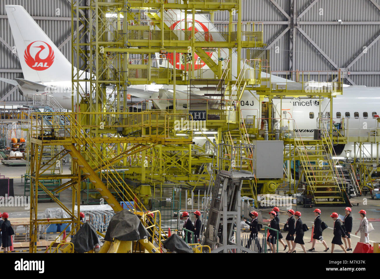Japan, Tokyo: Boeing 737 in a Japan Airlines maintenance hangar (JAL ...