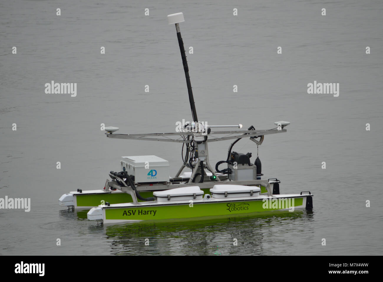 4DOcean's SeaRobotics USV 'ASV Harry' seen operating in the KGV Dock ahead of OI2018 Stock Photo