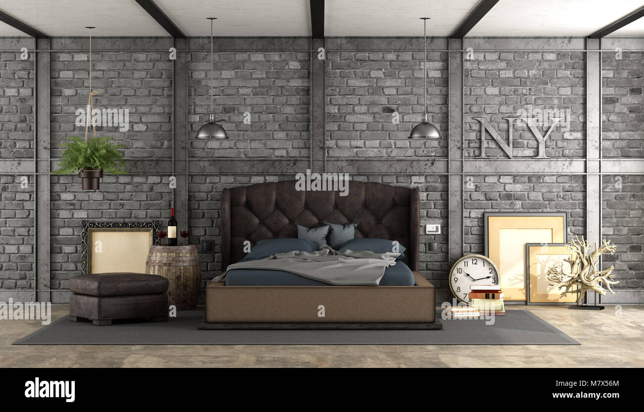 Retro master bedroom with elegant bed , vintage objects and brick wall - 3d rendering Stock Photo