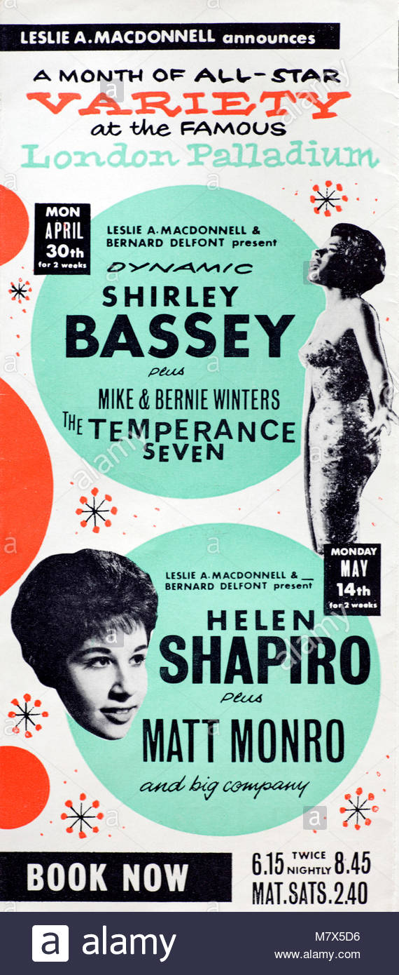 Flyer for 'A Month of All-Star Variety' at the London Palladium theatre, featuring Shirley Bassey, Helen Shapiro, Matt Monro, Mike & Bernie Winters and the Temperance Seven from 1962 Stock Photo