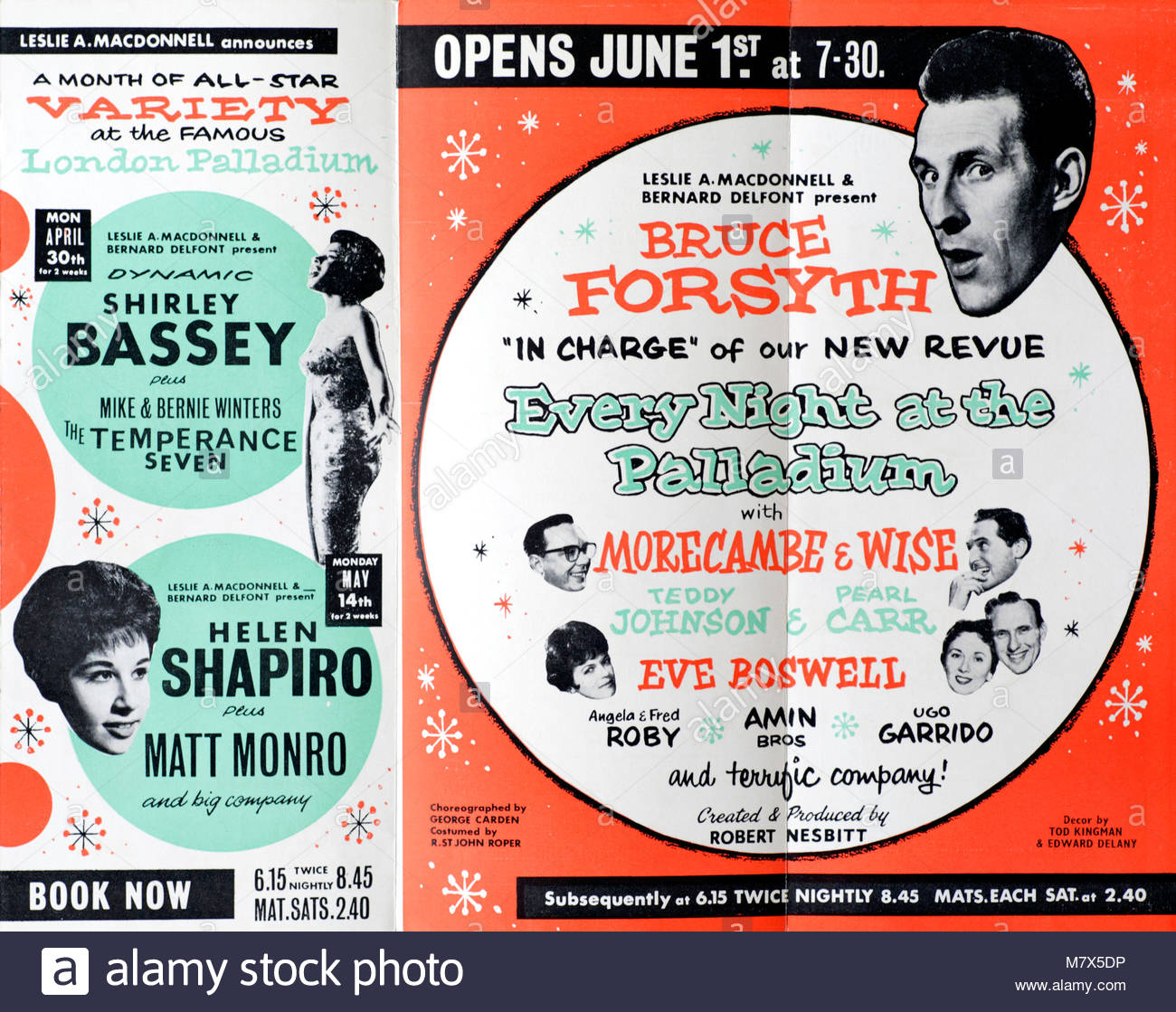 Flyer for 'Every Night at the Palladium' revue at the London Palladium theatre, hosted by Bruce Forsyth and featuring Morecambe & Wise, Shirley Bassey, Helen Shapiro and Matt Monro from 1962 Stock Photo
