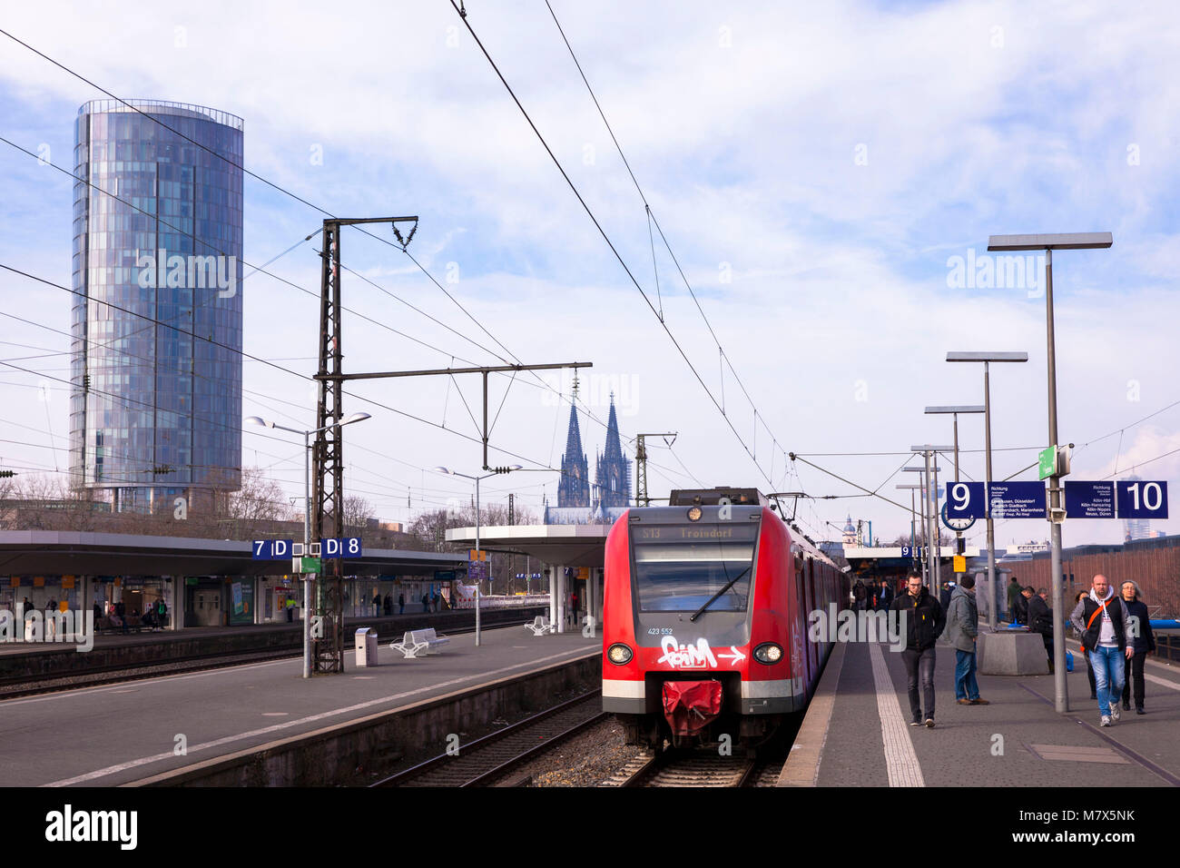 Germany, Cologne, the station Messe-Deutz, CologneTriangle Tower and the steeples of the cathedra.  Deutschland, Koeln, der Bahnhof Messe-Deutz, Koeln Stock Photo