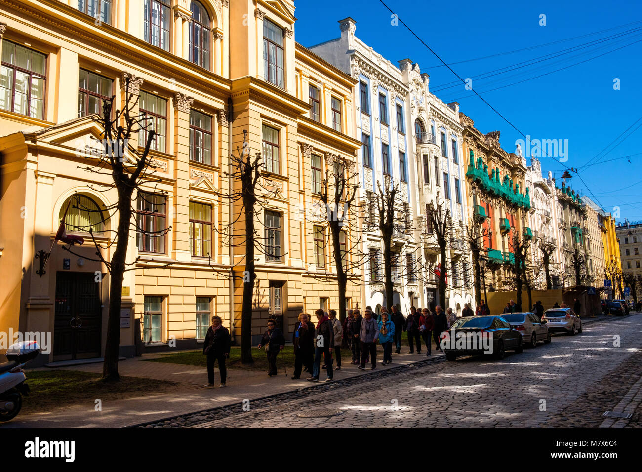 Latvia, Riga. Buildings in the Art Nouveau style in the medieval Old Town (Vecriga). Facades by Russian architect Mikhail Eisenstein, Alberta Street ( Stock Photo