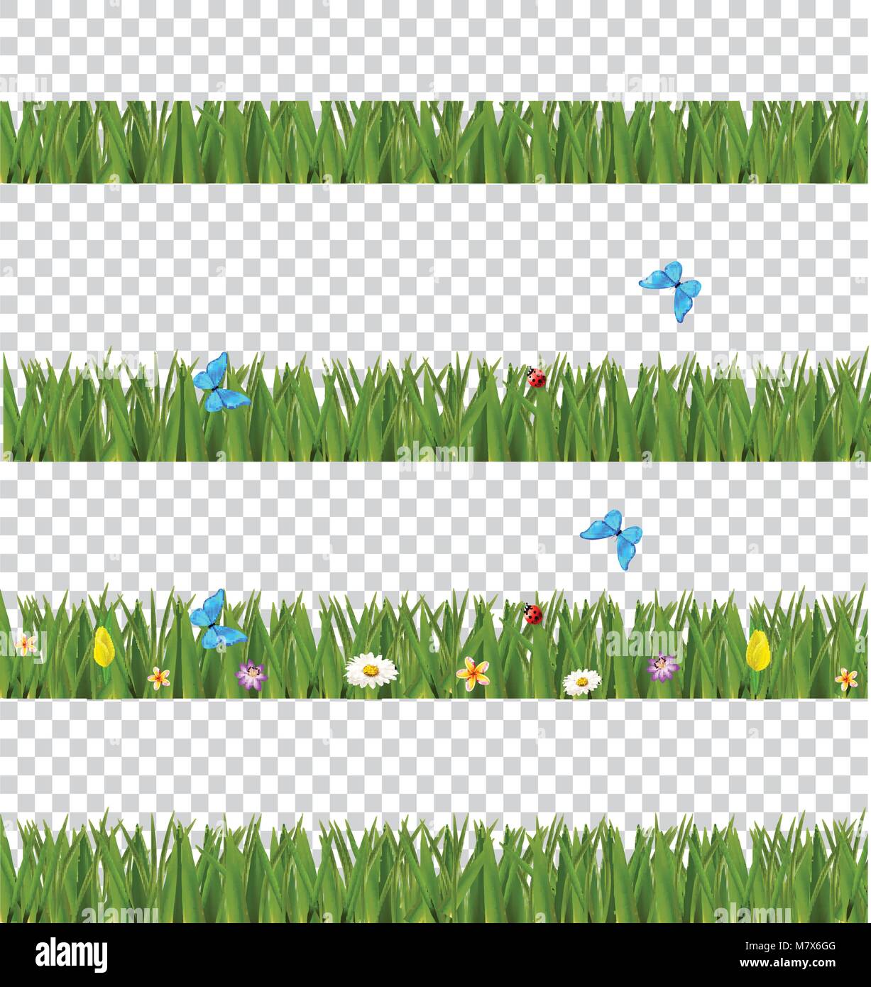 Green realistic grass borders set with colorful flowers and butterflies ...