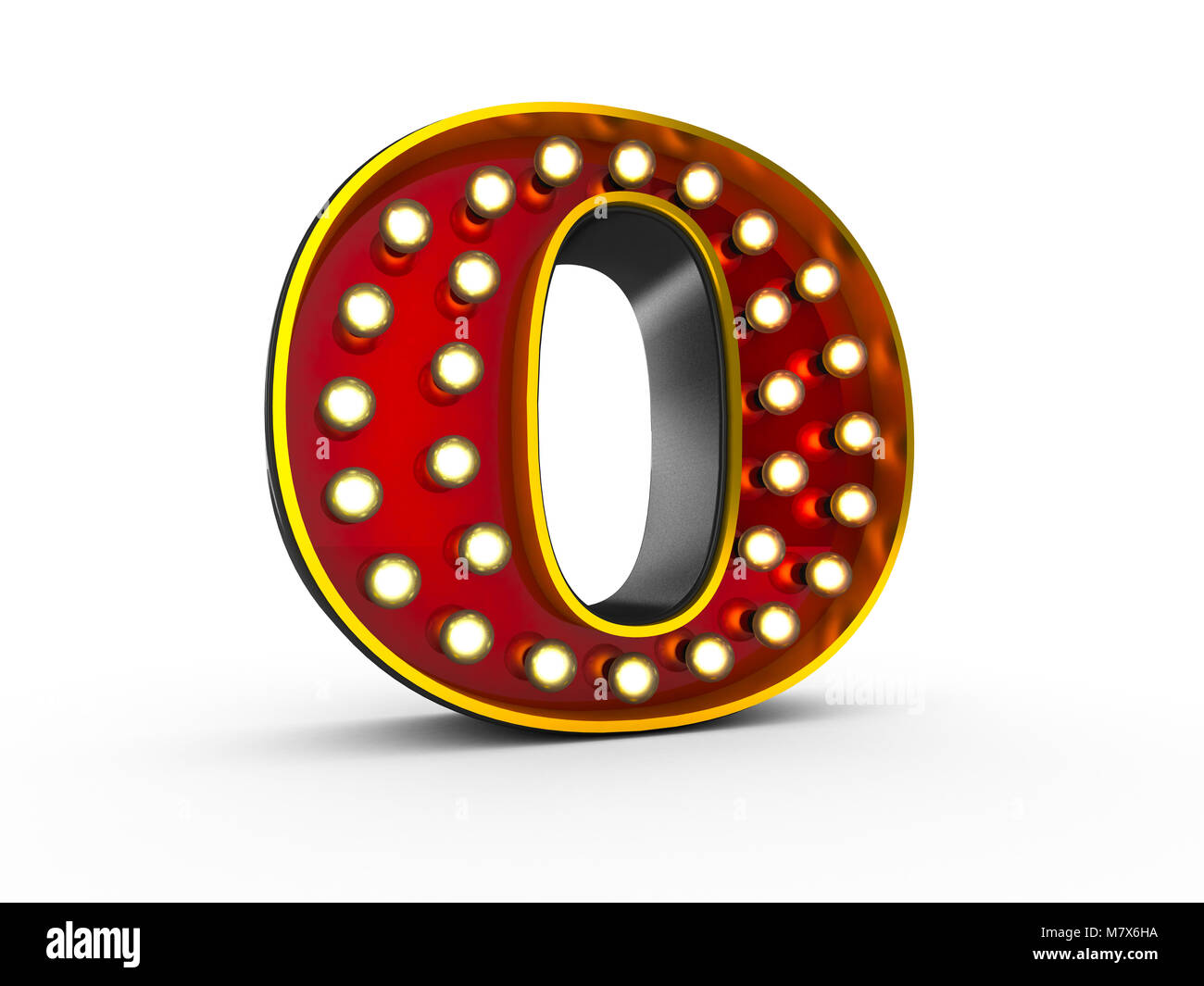 High quality 3D illustration of the letter O in Broadway style with light bulbs illuminating it over white background Stock Photo