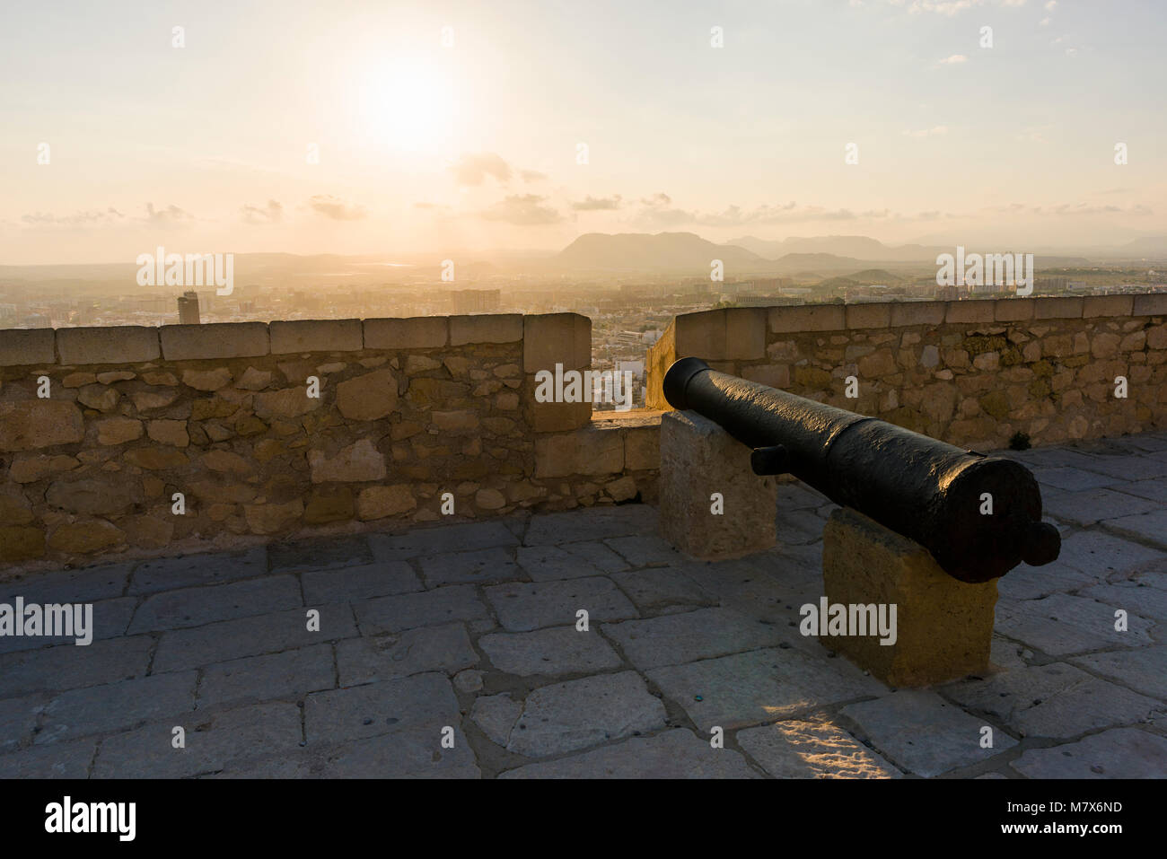 A cannon at Santa Barbara Castle in Alicante City, Spain. Stock Photo