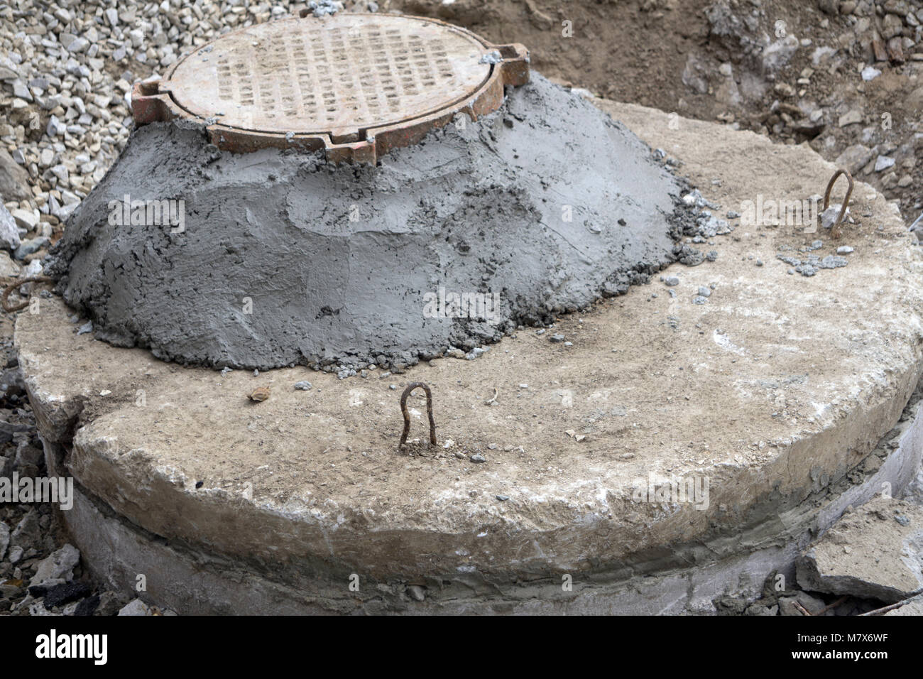Concrete water wells. Construction of the well for sewerage Stock Photo
