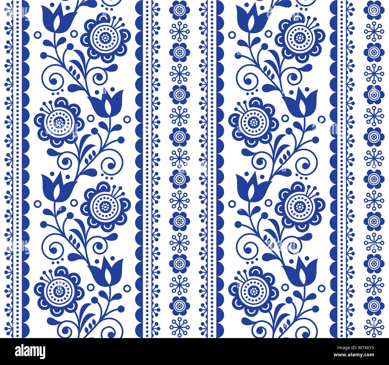 Scandinavian seamless vector pattern with flowers, Nordic folk art repetitive navy blue ornament Stock Vector