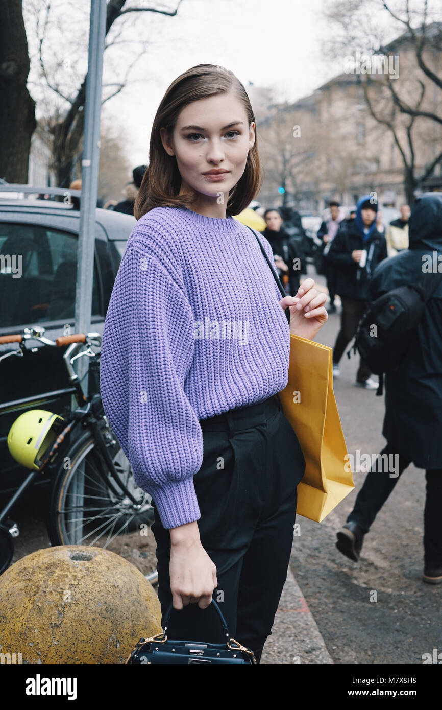 Milan, Italy - February 22, 2018: Fashion model posing after Fendi fashion show during Milan Fashion Week. Stock Photo
