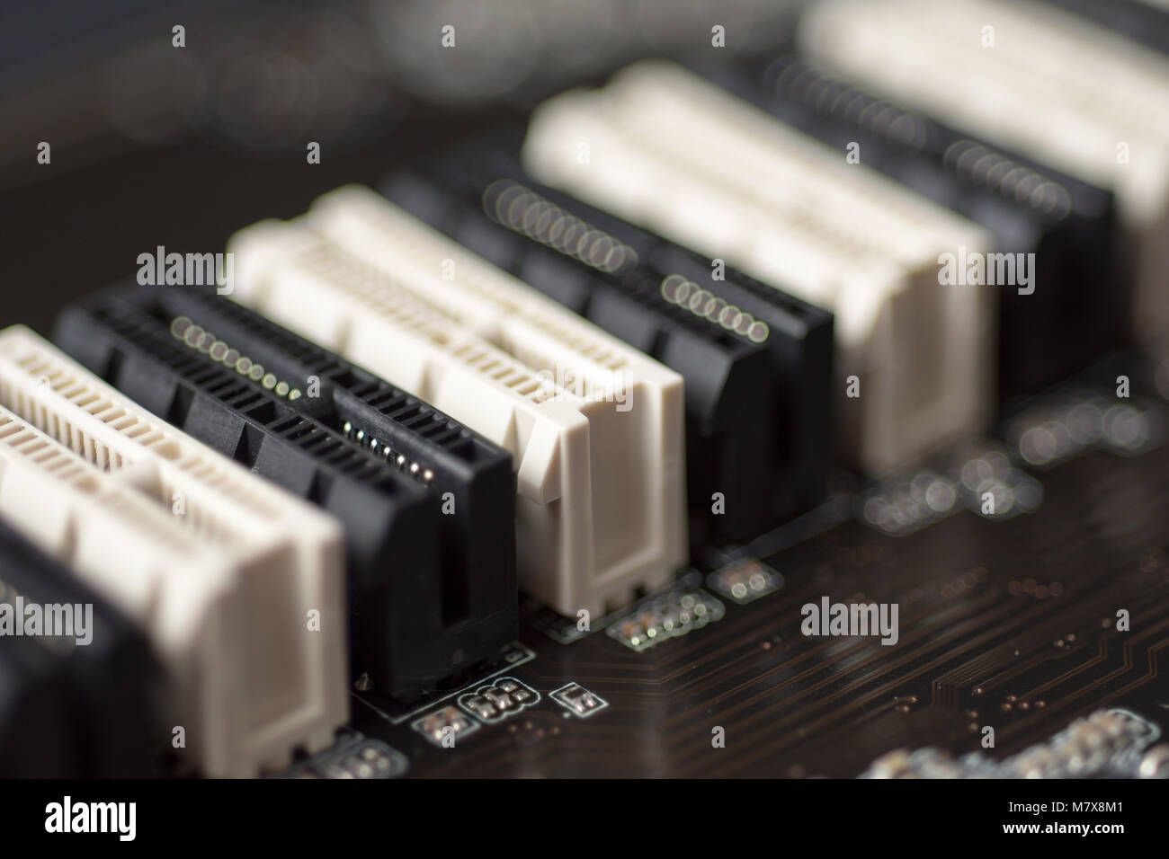 PCI-E Slots Close Up. Printed Circuit Board. Computer Motherboard Background. Stock Photo