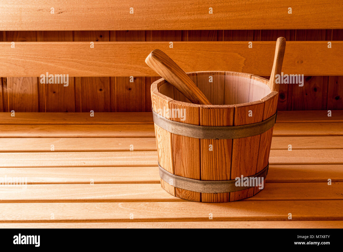 Finnish Wooden Sauna Bucket and Ladle Stock Photo