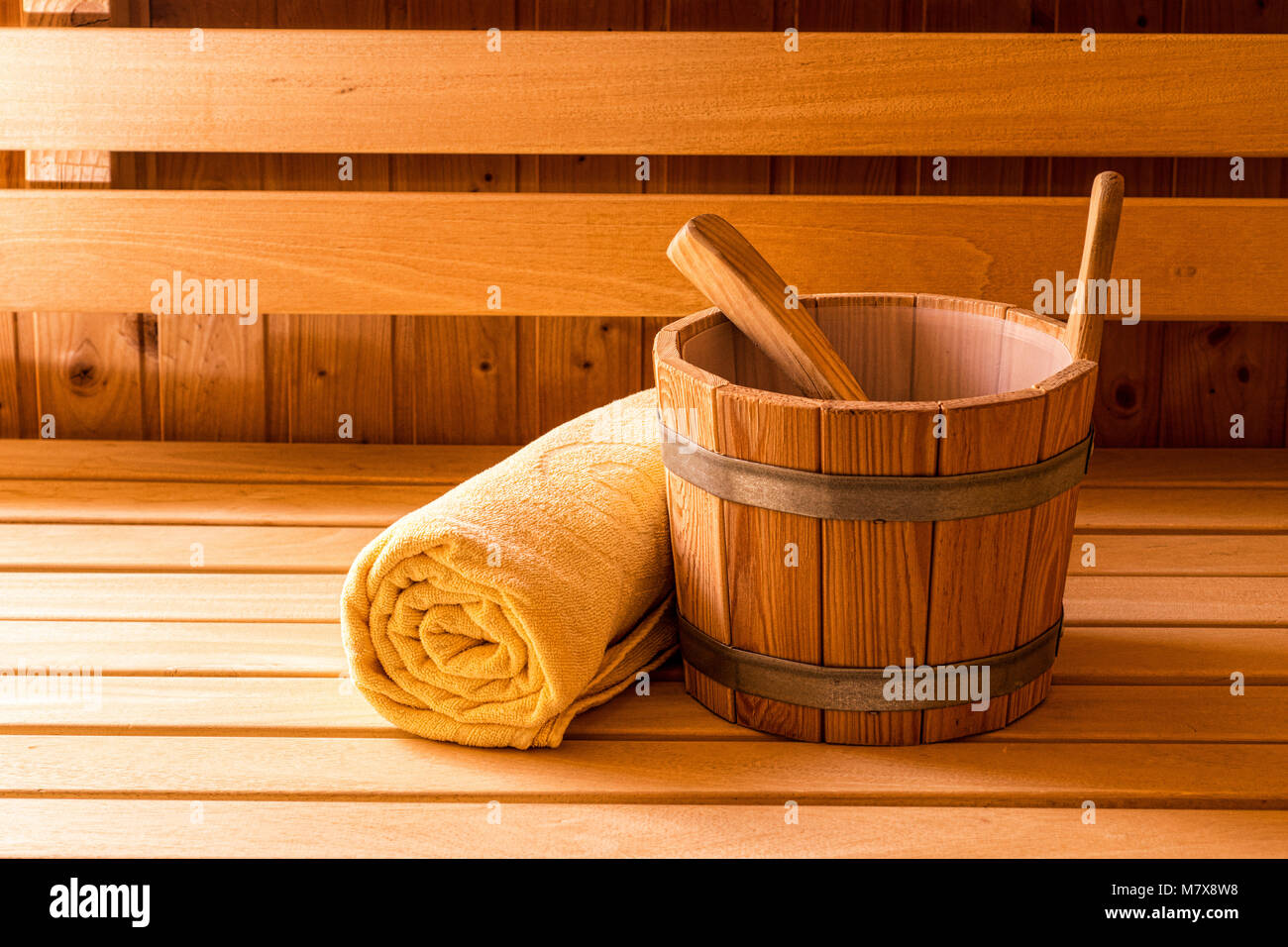 Finnish Wooden Sauna Bucket, Ladle and Towel Stock Photo Alamy