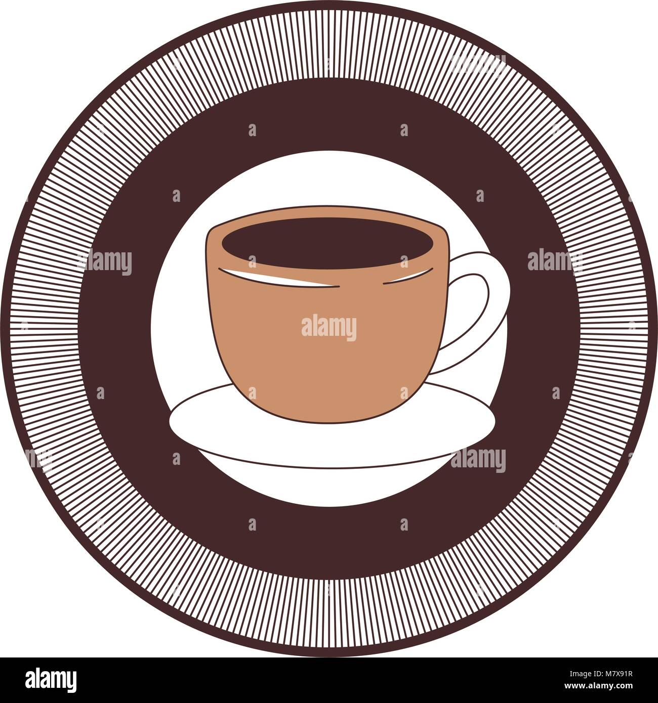 decorative circular emblem of cup of coffee with handle on dish ...