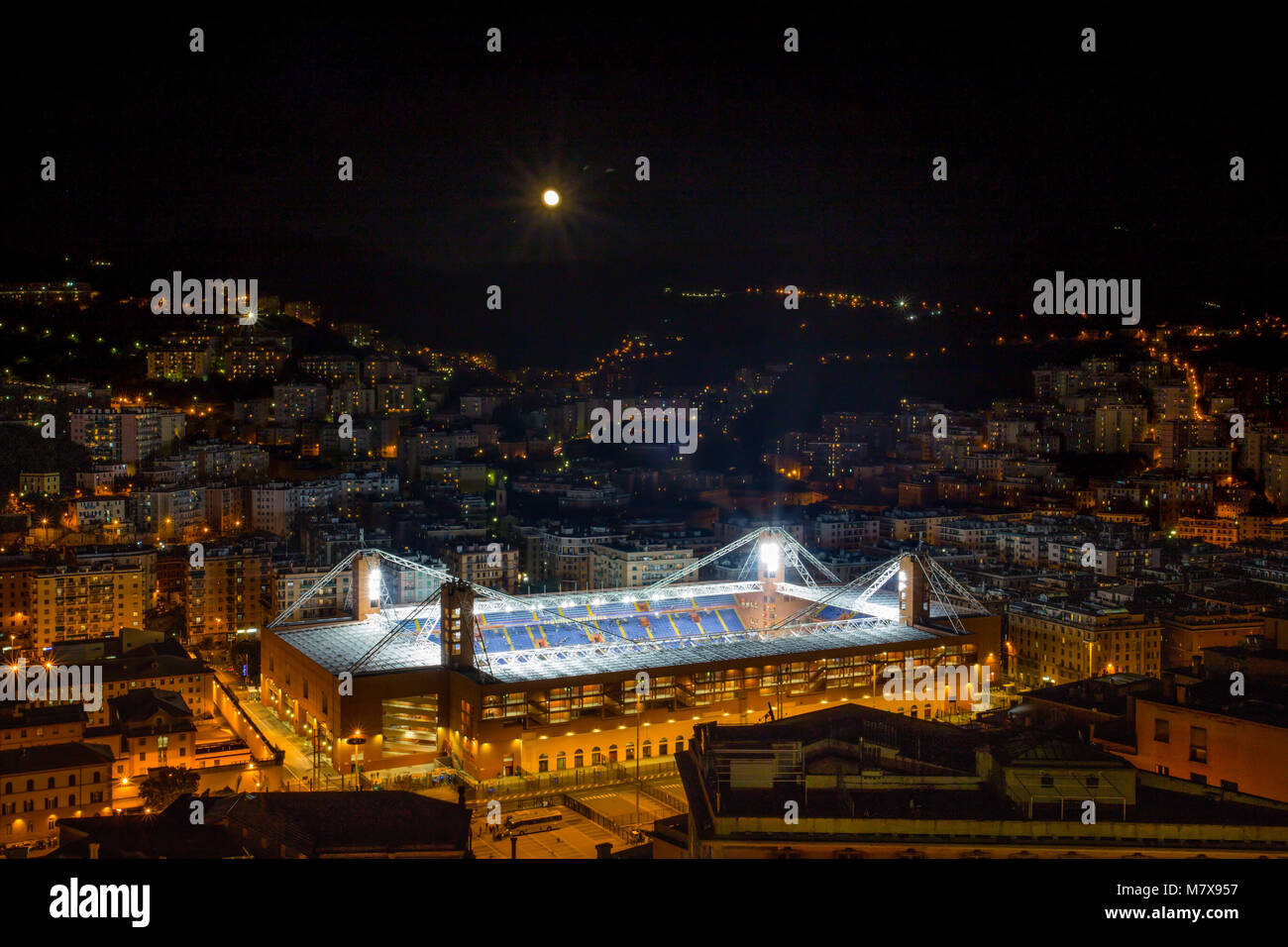 GENOA, ITALY - OCTOBER 29, 2015 - Aerial view of the football stadium' Luigi Ferraris' of Genoa by night. Stock Photo