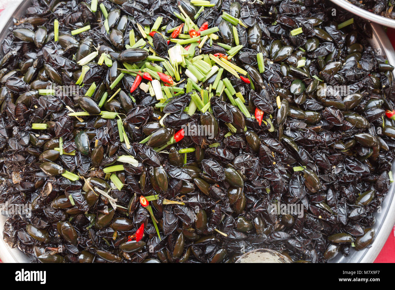 Cambodia food market - insects for food on a food stall, Skuon insect ...
