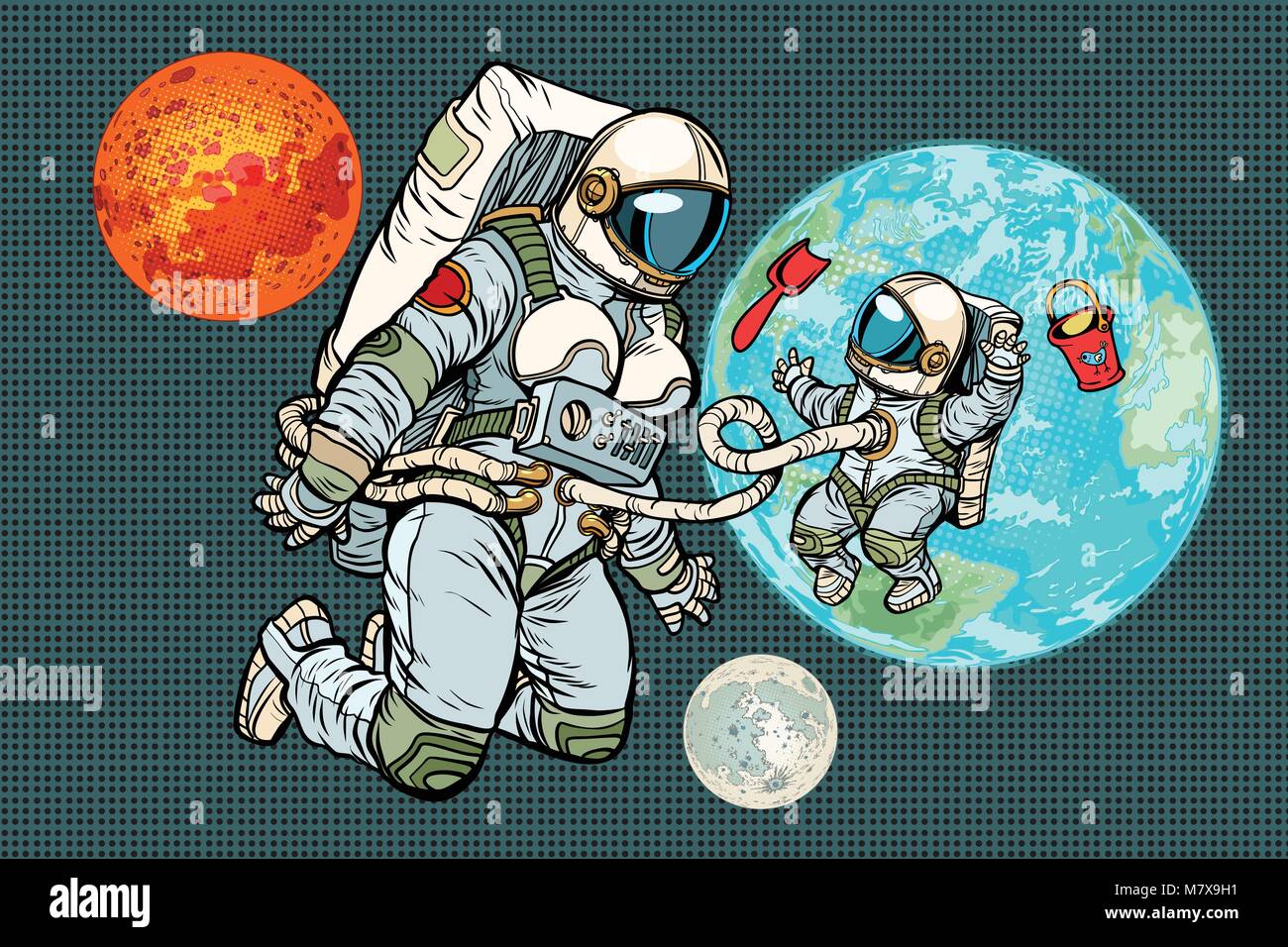 Astronaut mother and child on planet Earth. Humanity and the uni Stock Vector