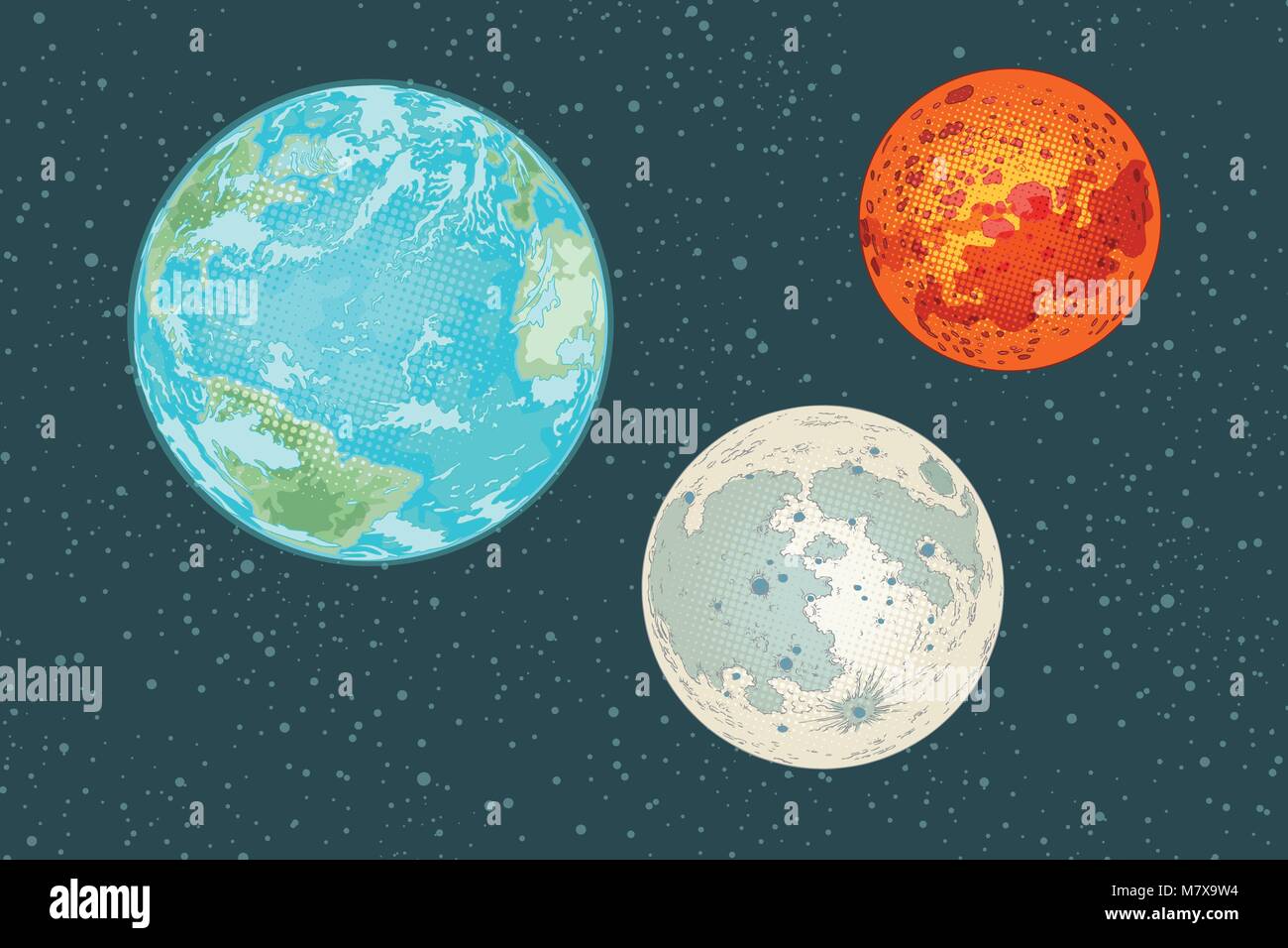 Mars earth and moon, planets of the solar system Stock Vector