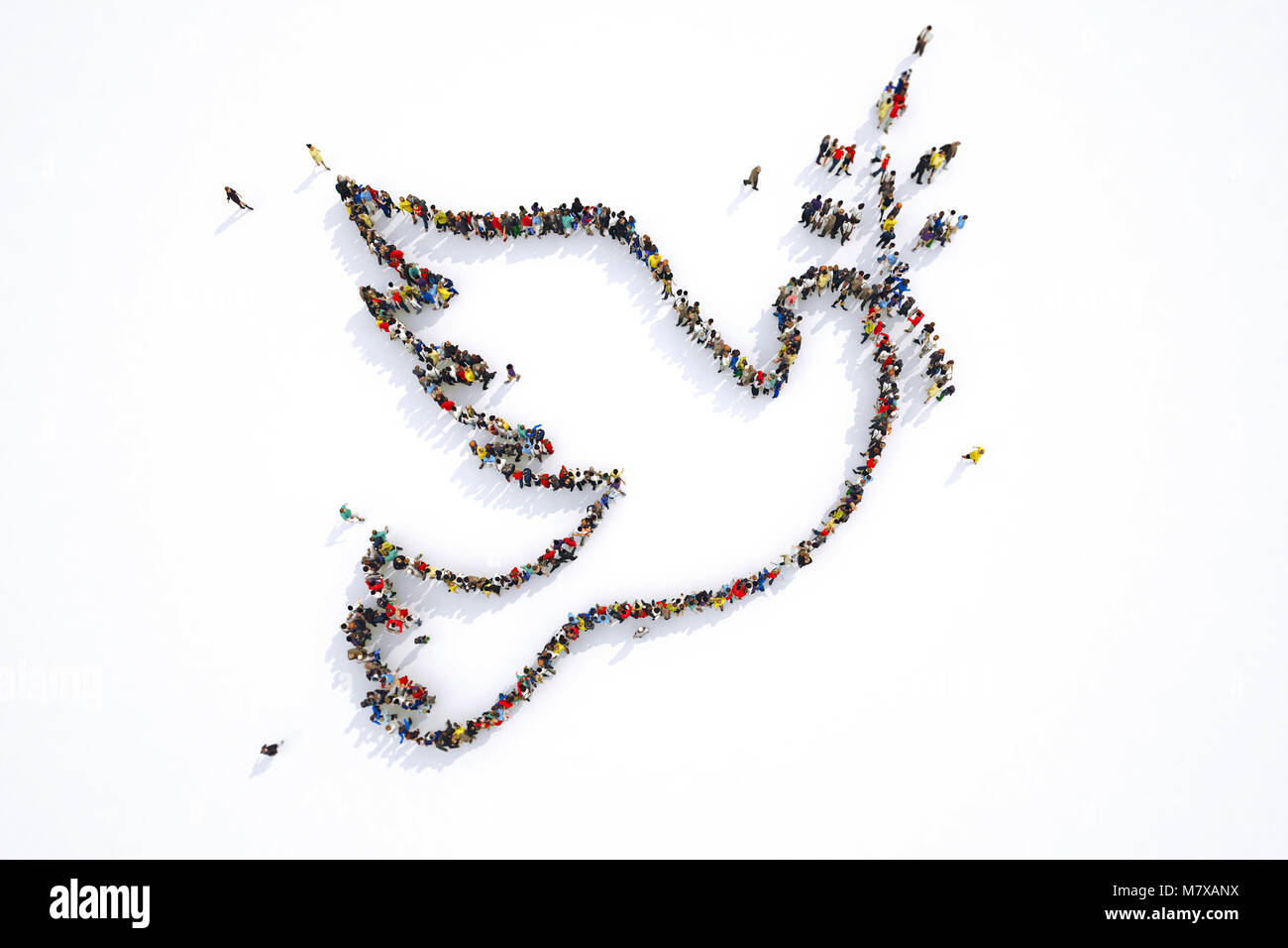 Many people together in a pigeon shape. 3D Rendering Stock Photo