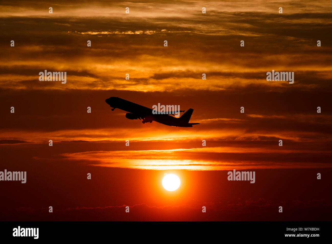 Airplane at sunset sky in the air with space for text. Silhouette of a ...