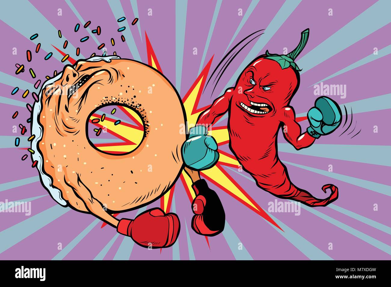 Red pepper beats a donut Stock Vector