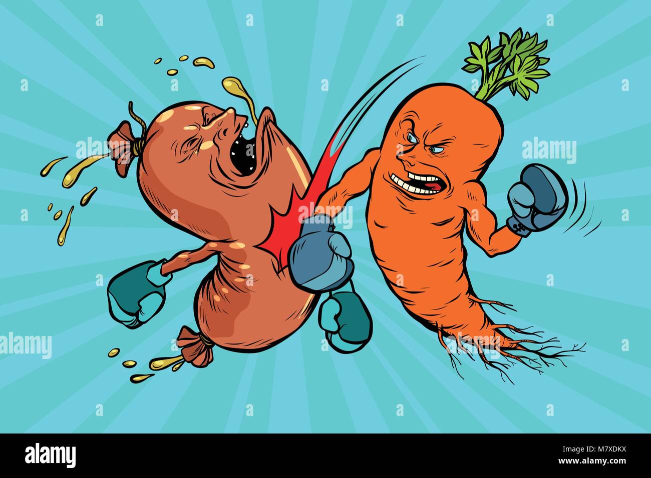 Carrots beats a sausage. the victory of vegetarianism Stock Vector