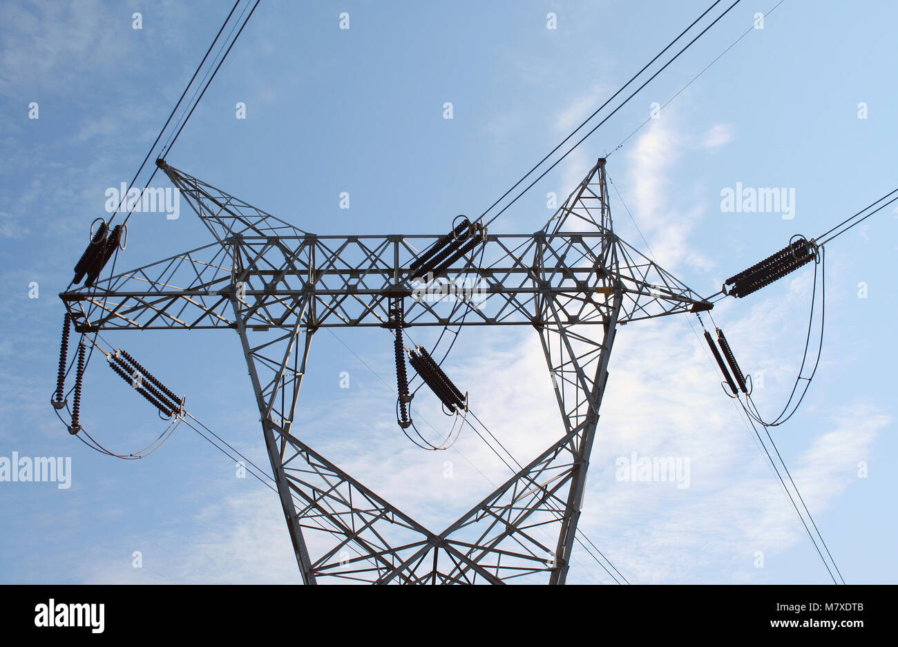 High tension power lines against blue sky Stock Photo - Alamy