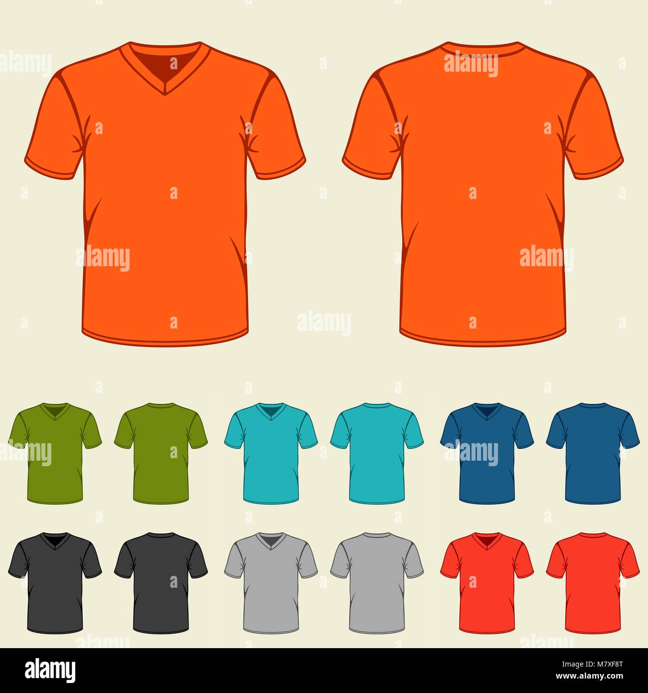 Blank t-shirt template clothing fashion. Orange, red, green and blue shirt  design with sleeve cotton uniform Stock Vector